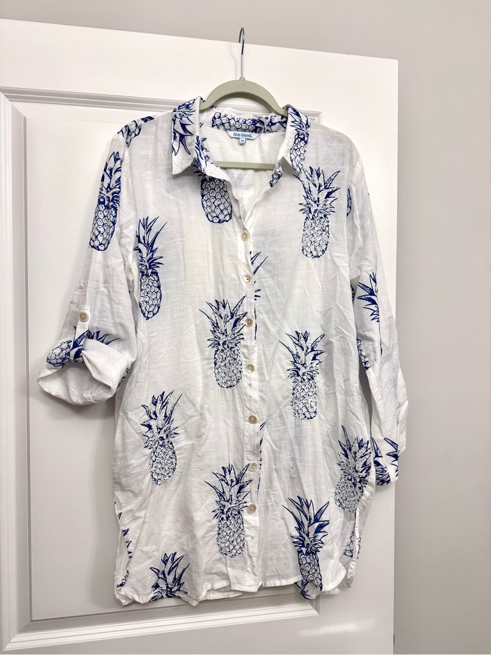 Blue Island White Blue Pineapple Button Down Tunic Dress Swim Cover-Up Size M
